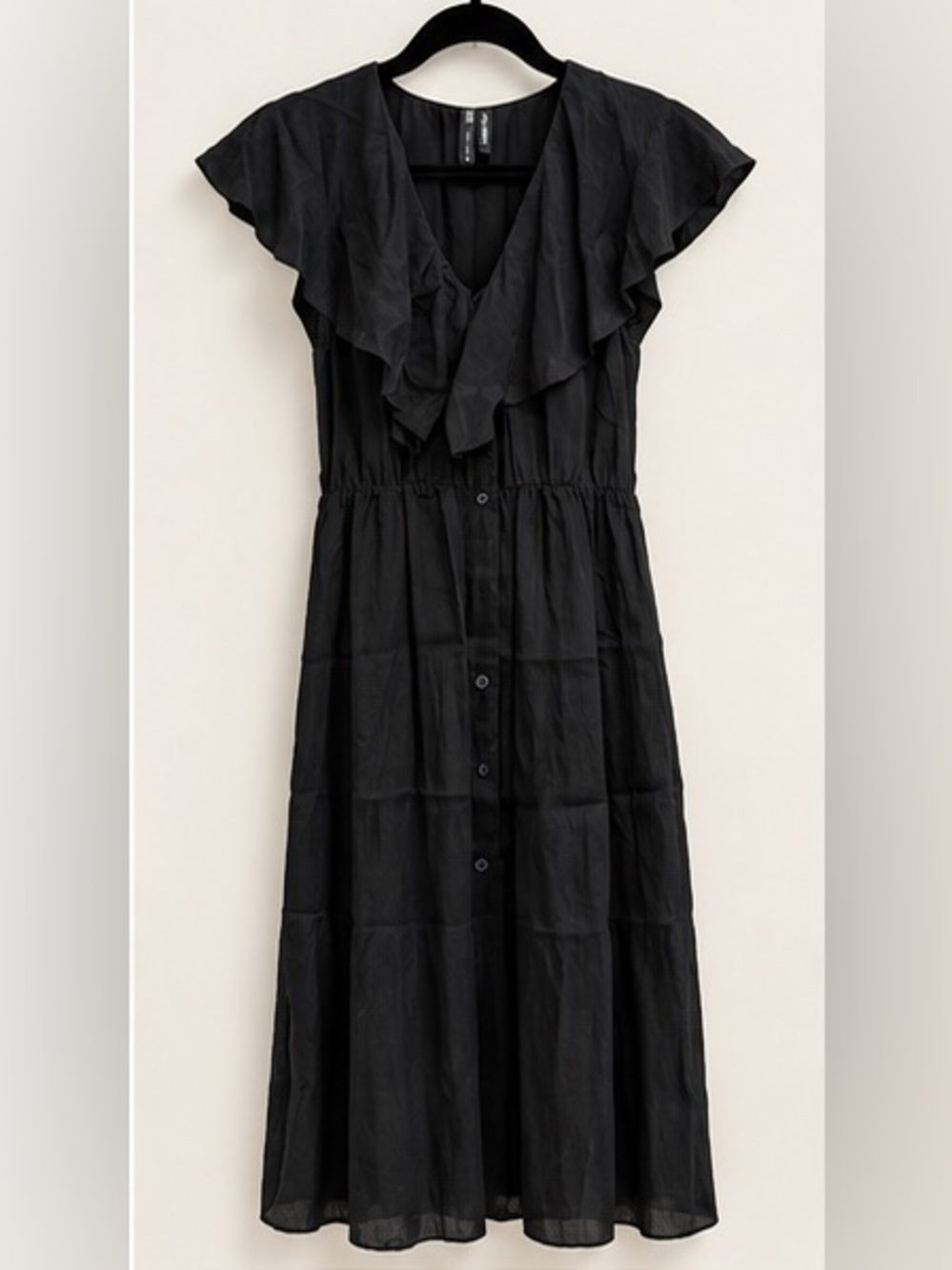Zara Black Ruffle Button Front Midi Dress Size S